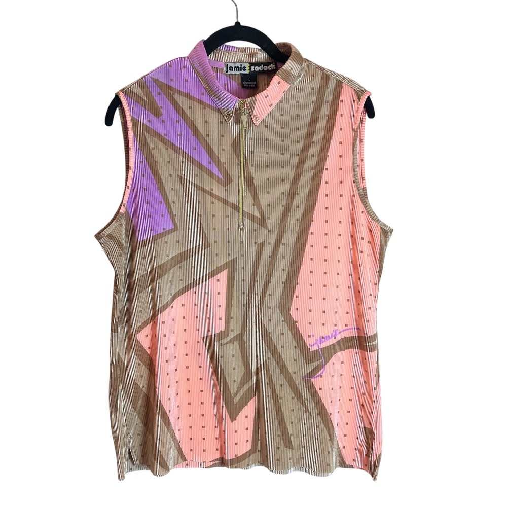 Jamie Sadock Womens Large Sleeveless Golf Top Geometric Pleated Quarter Zip Pink - Picture 1 of 4